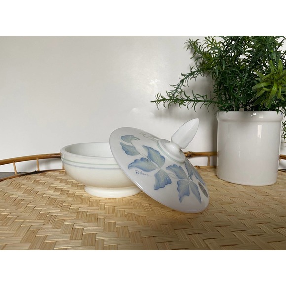 Fenton White Glass Blue Floral Candy Dish with Lid - Picture 6 of 6